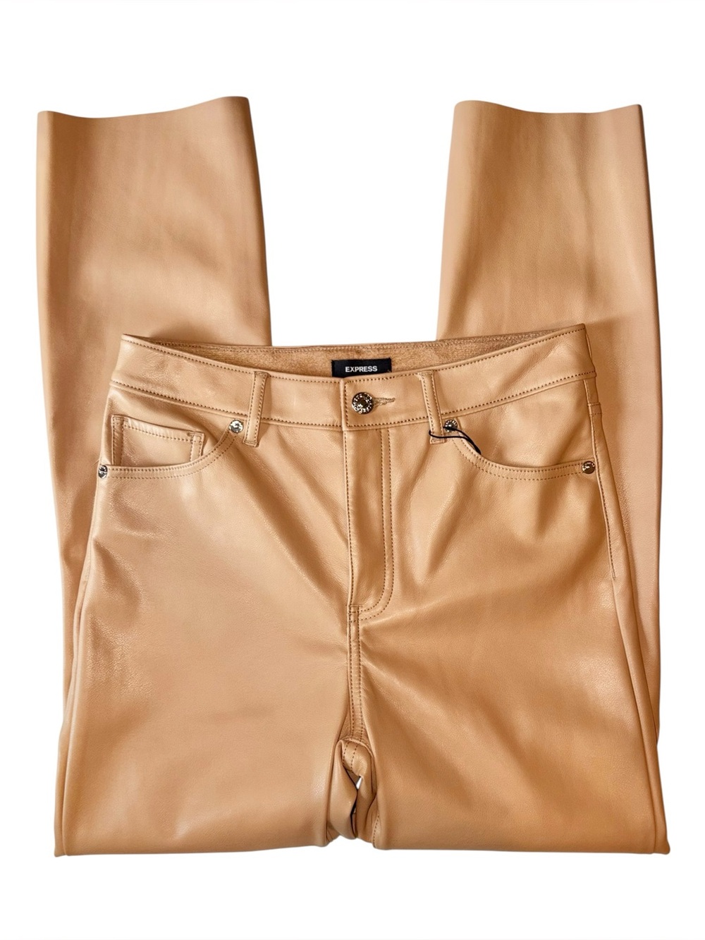 NWOT Express High Rise Cropped Flare Faux Leather Pants Camel Size 2R